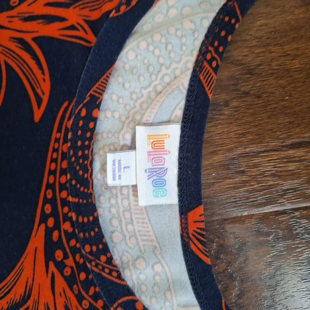 LuLaRoe Navy Tee Dress with Bright Orange Swirl Print - Picture 6 of 6